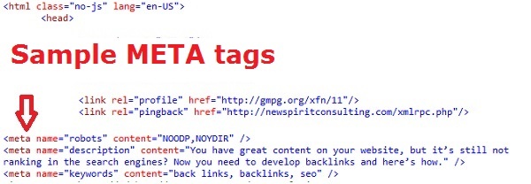 Some sample META tags as seen in the source code